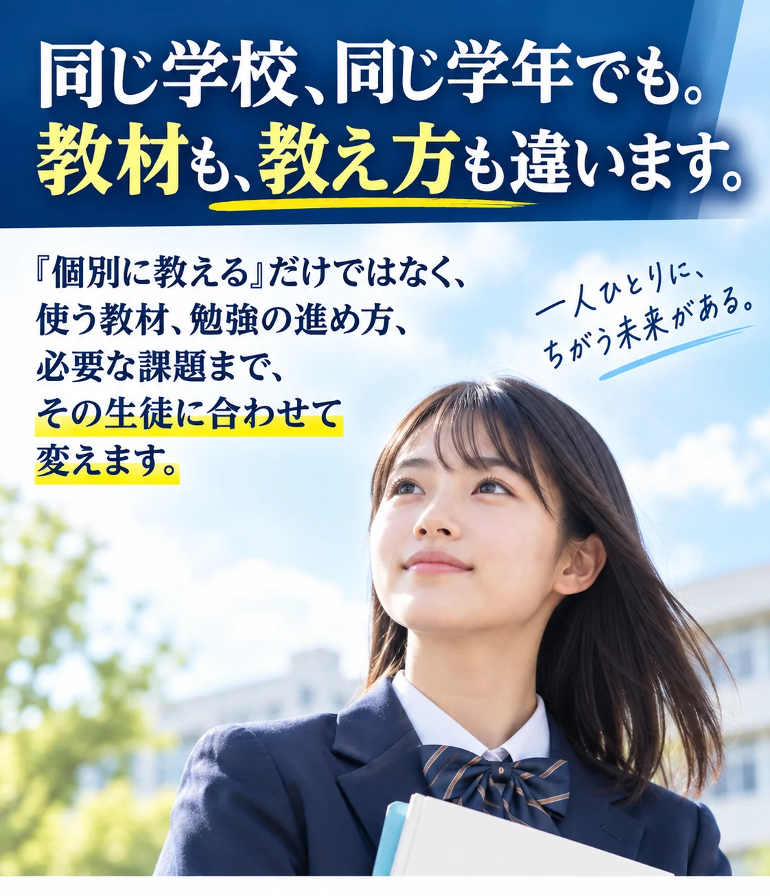 同じ学校同じ学年でも教材や教え方を変えることを示すビジュアル